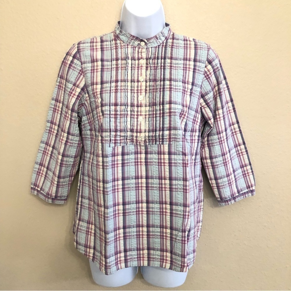 LL Bean Woman’s Pin-Tucked Plaid 3/4 Sleeves Size XS